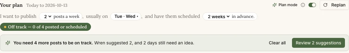The Plan mode switch, the ⓘ and Replan at the top of Your plan on the Home page, with the suggestions banner below the goal