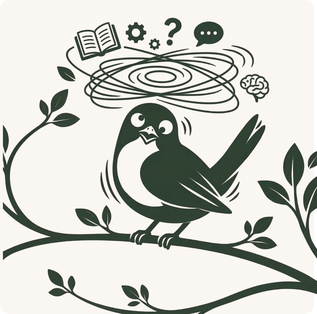 Confused wren on a branch with swirling thoughts