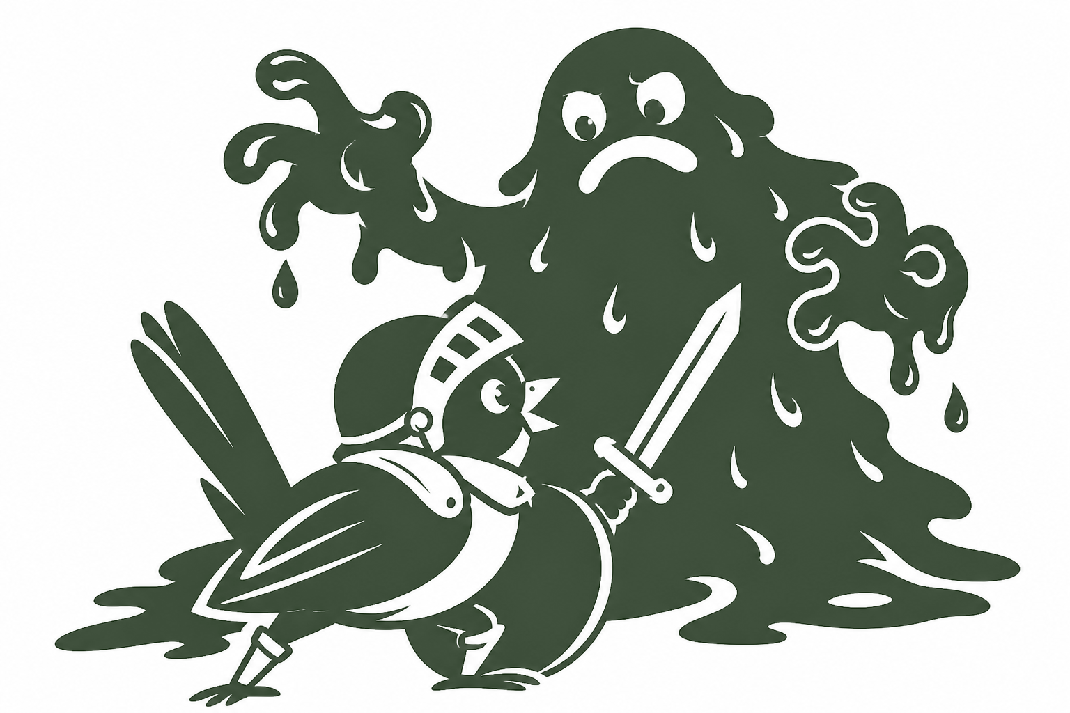 Wren in knight's armor, sword drawn, facing down a dripping slop monster
