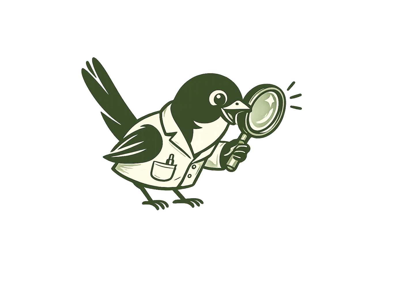 Wren in a lab coat inspecting results with a magnifier