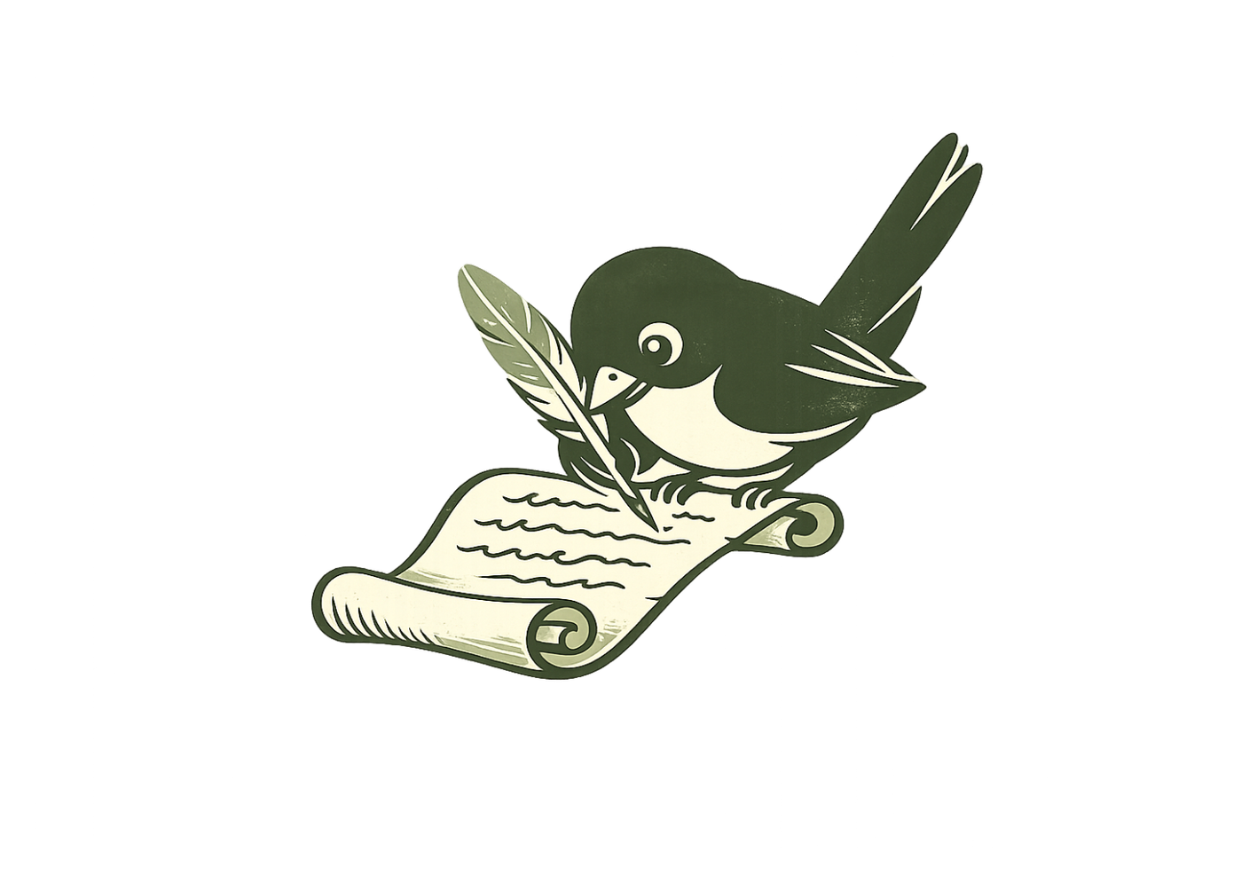 Wren writing with a quill on a scroll