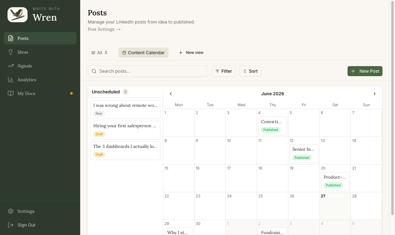 The posts pipeline as a table, calendar, and board